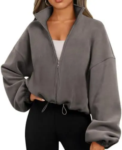 Produktbild: Famulily Herbst Kleidung Frauen Warm Fleece gefüttert Stehkragen Sport Sweatshirt Crop Jacke Mäntel mit Kordelzug Saum Kaffee XL