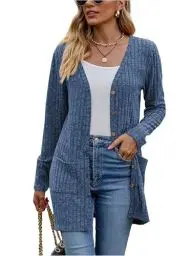 Produktbild: Famulily Herbst Winter Cardigans für Frauen mit Taschen, Button Down Open Front Cardigans für Damen (S, Marineblau)