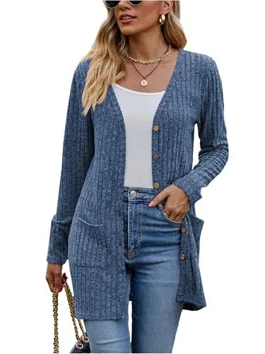 Produktbild: Famulily Herbst Winter Cardigans für Frauen mit Taschen, Button Down Open Front Cardigans für Damen (S, Marineblau)