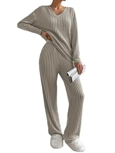 Produktbild: Famulily Lounge Set Damen Schlafanzug Langarm V-Ausschnitt Loungewear Jogginganzug Weites Bein Zweiteiler Outfit mit Taschen (M, Khaki)
