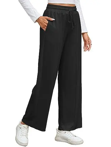 Produktbild: Famulily Lounge Weite Beinhose für Frauen UK Kordelzug Hohe Taille Lose Palazzo Hose (L, Schwarz)