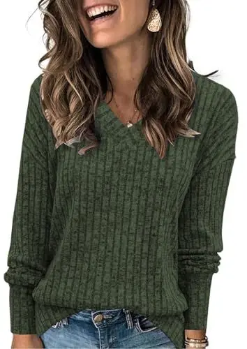 Produktbild: Famulily Pullover V Ausschnitt Damen Langarmshirt Oversize Leichte Strickpullover Elegant Oberteile Herbst (L,Dunkelgrün)