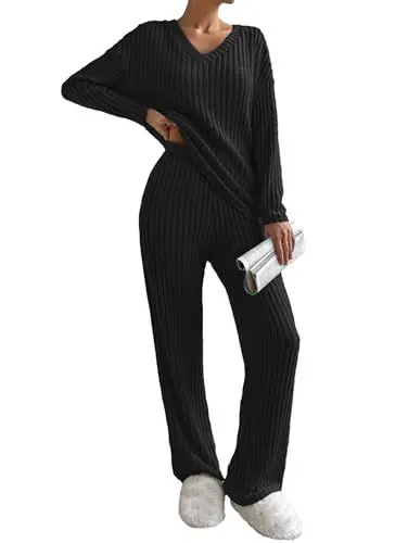 Produktbild: Famulily Schlafanzug Damen Winter Pyjama Lang Langarm V-Ausschnitt Loungewear Hausanzug Weites Bein Zweiteiler Set Outfit mit Taschen (S,Schwarz)