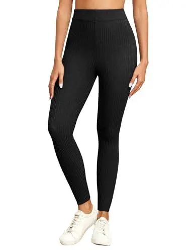 Produktbild: Famulily Schwarze Slim Fit Leggings für Frauen Rib Knit High Waist Stretch Tights Hosen (M, Schwarz)