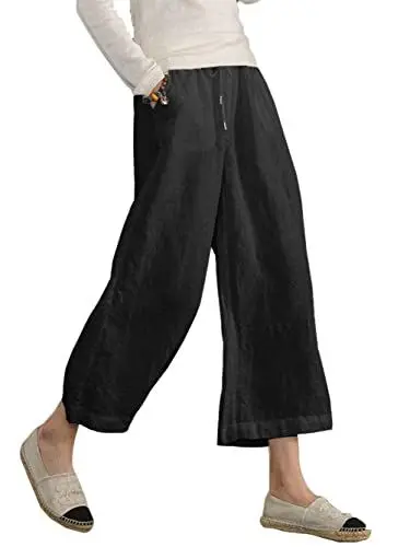 Produktbild: Famulily Sommer Hosen Frauen Locker Luftige Freizeithose Damen Weites Bein BüNdchen Schwarz 2XL