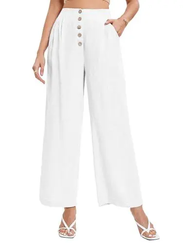 Produktbild: Famulily Wide Leg Palazzo Hosen für Frauen Weiße Leinen Hosen für Frauen Sommer Knopf Arbeitshose (XL, Elfenbein)
