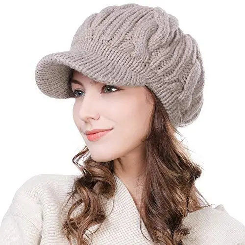 Produktbild: Fancet Damen gestrickte Barett Mütze Dicke Strickmütze mit Visor Baskenmütze Schirmmütze