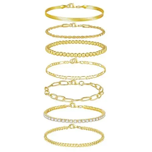 Produktbild: FANCH 7Pcs Armbänder für Damen 14K Vergoldet Figaro Kubanische Tennis Schlange Paperclip Kette Armband Twist Herringbone Stapelbare Gold Armbänder Set Verstellbare CZ Link Armbänder Set