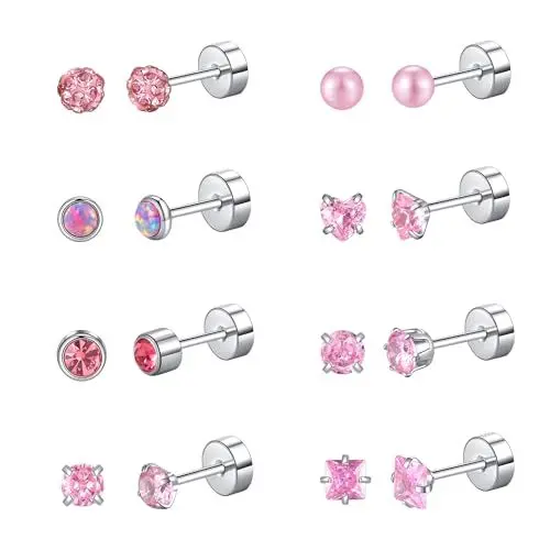 Produktbild: FANCH 8Paare Hypoallergene Flache Rückseite Ohrstecker für Damen Herren Klein Cubic Zirkonia Perle Ball Herz Opal Schraube Zurück Ohrstecker 316L Edelstahl Screwback Ohrstecker Rosa