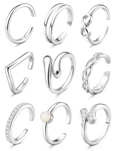 Produktbild: FANCH 9Pcs Zehenringe für Damen Verstellbarer Offene Hypoallergene 14K Gold Gefüllte Zirkonia Träne Opal Keltische Band Infinity Zehenringe Daumen Knöchel Ringe Sommer Strand Fuß Schmuck Set Silber