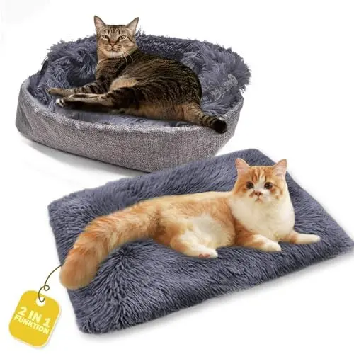 Produktbild: Fanchu Katzenbett, 2 in 1 Plüsch Weich Haustierbett, Katzensofa Flauschige Katzenbett Klein Hund Bett Haustierbett Katzendecke katzenbettchen Tierbett für Katzen und Kleiner Hund (Dunkelgrau)