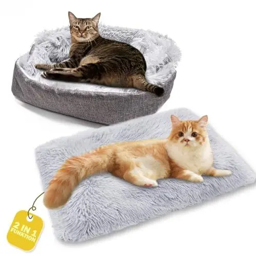 Produktbild: Fanchu Katzenbett, 2 in 1 Plüsch Weich Haustierbett, Katzensofa Flauschige Katzenbett Klein Hund Bett Haustierbett Katzendecke katzenbettchen Tierbett für Katzen und Kleiner Hund (Hellgrau)