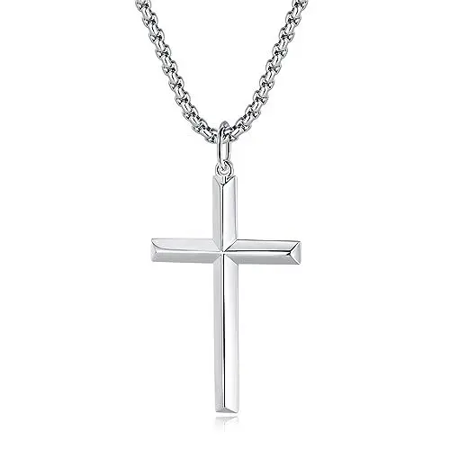 Produktbild: FANCIME 925 Sterling Silber Weiß Vergoldet Kreuz Anhänger mit Edelstahl Kette für Herren Jungs Kinder - Kettenlänge: 60 cm