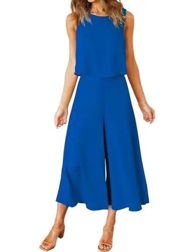 Produktbild: FANCYINN Damen Jumpsuit Sommer Overall Elegant Festlich Hochzeit Lang Hosenanzug Ärmelloses Rundhals Tanktop Gekürzte Weites Bein Hose Playsuit Saphirblau M