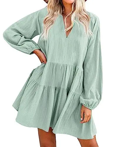 Produktbild: FANCYINN Damen Rüschen Glockenärmel Etuikleid Babydoll Leinen Casual Minikleid Weihnachtskleid mit Taschen Langarm Hellgrün XL