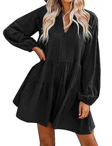 Produktbild: FANCYINN Sommerkleid Damen Kurz Tunika Kleid V-Ausschnitt Volant Lockeres Swing Mini Kleider Schwarz-Langarm L