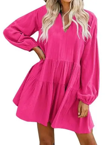 Produktbild: FANCYINN Tunika Kleid Damen V-Ausschnitt Lose Casual Swing Kleid Mini Kleider mit Gerafft Schmeichelhaft Pfirsich Langarm L
