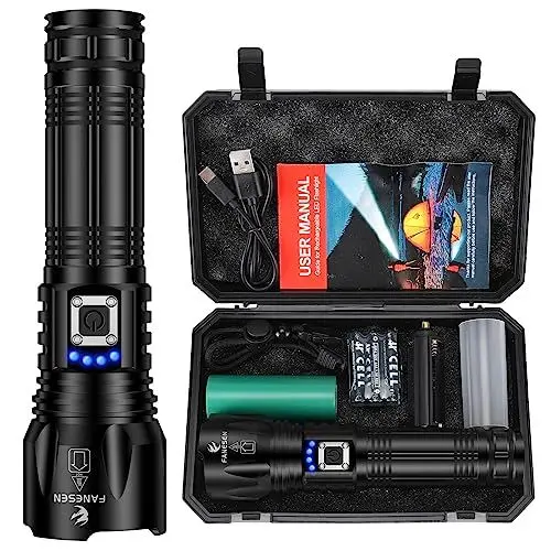 Produktbild: Fanesen Taschenlampe LED Aufladbar, 500000 Lumen Extrem Hell Zoombar Taktische Taschenlampen USB Aufladbar, XHP70.2 Flashlight 5 Lichtmodi und IP67 Wasserdicht für Camping, Wandern, Notfall