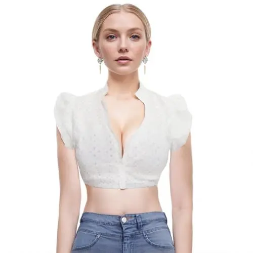 Produktbild: FANGCCC Dirndl Bluse Damen, Flügelärmel Dirndlbluse Weiß Aushöhlung Spitze Dirndlblusen Sexy V Ausschnitt Dirndelbluse Bayern Trachtenbluse Kurzarm für Oktoberfest (M)