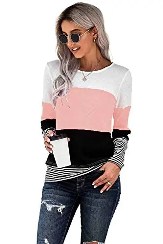 Produktbild: FANGJIN Damen Pullover Langarm Rosa M (38/40) - Rippung, Gestreift, Rundhalsausschnitt, Lang, Locker, Casual, Synthetisch, Pull-on, Frauen, Pullover