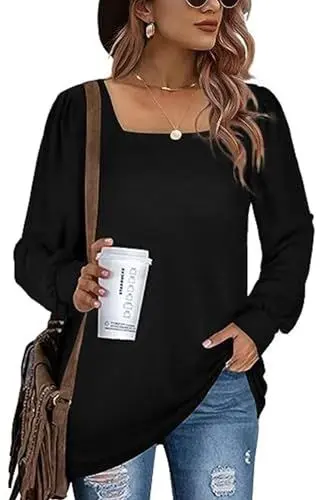 Produktbild: FANGJIN Damen Oberteil Sommer Tshirt mit quadratischem Ausschnitt passend zu schmalen Hosen Langarmshirt Langärmeliges lässiges Oberteil mit Puffärmeln Schwarzes T-Shirt Party Sweatshirts L