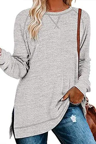 Produktbild: FANGJIN Damen Pullover Lang Oberteile Winter Longshirt Langarm Elegant Longpullover Sexy Kleidung Sweatshirt Hellgrau Größe (44 46) XL