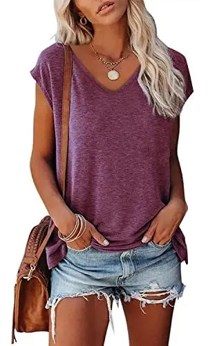 Produktbild: FANGJIN Oberteile Damen Sommer T-Shirt V-Ausschnitt Kurzarm T Shirt Casual Pullover Tops Teenager mädchen Basic Shirts Elegant stylische Weinrot Sportshirt Groß L