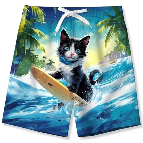Produktbild: Fanient Badehose Jungen Hawaii Surfkatze Drucken Badeshorts Jungen Sommer Wasserdicht Urlaub Shorts Surf Short für Kinder 9-10 Jahre