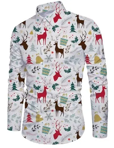 Produktbild: Fanient Herren Hemd Weihnachten Rentier Muster Langarm Hemd mit Knöpfen Lässige Funky Shirts Bunte Hemden für Herren Holiday XL