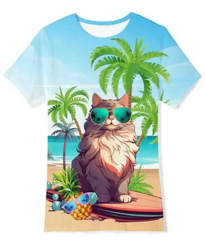 Produktbild: Fanient Kinder Tshirt Jungen Mädchen Tshirts Hawaii Katze Druck Tshirts Kinder Streetstyle T-Shirt 9-12 Jahre M