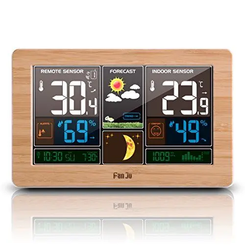 Produktbild: FanJu Wetterstation Funk mit Außensensor, DCF Funkuhr, Digital Farbdisplay Innen und Außen Thermometer Hygrometer, Funkwetterstation mit Wettervorhersage und Barometer, Batteriebetrieb und Netzbetrieb