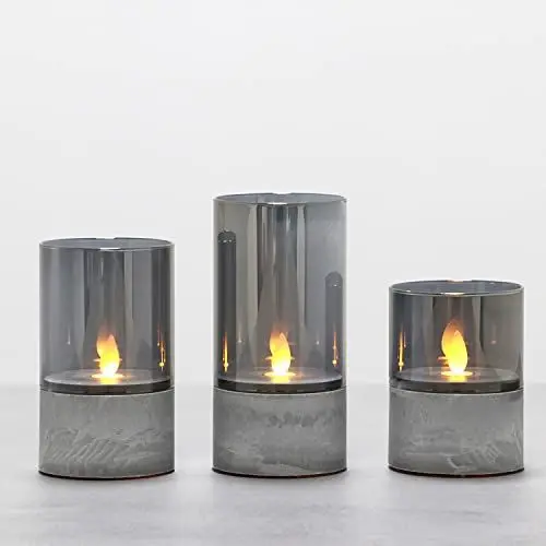 Produktbild: Fanna 3 Grau flammenlose Flackernde Led Kerzen im Glas Industrieller Stil, Glaswindlichter mit Timerfunktion, warmweiße Licht H. 10cm, 12,5cm, 15 cm