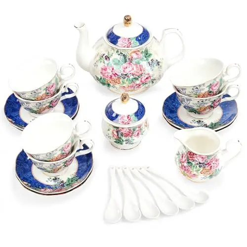 Produktbild: fanquare 15 Stück Blau Blumen Porzellan Tee Service, Rosa Blume Keramik Tee Tasse und Untertasse Set für 6, China Kaffee Set für Erwachsene und Frauen