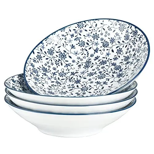 Produktbild: fanquare 20cm Große Salatschüsseln, Nudelschüsseln aus Porzellan, 4er-Set, Ramen Nudelschüssel mit Blauem Blumenmuster