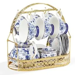 Produktbild: fanquare Blau Blume Porzellan Teeservice mit Metallständer, Vintage Porzellan Kaffeetasse und Untertasse, Englische Kaffeeservice for Erwachsene