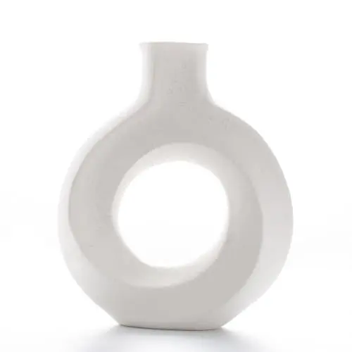 Produktbild: fanquare Weiße Donut Vase aus Keramik für Pampasgras, Handgefertigt Blumenvase mit Moderner Stil für Wohnzimmer Deko, Höhe 23cm