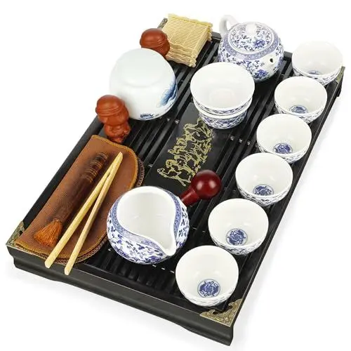 Produktbild: fanquare Weißes und blaues Gongfu Teeservice 20teilig Lotusblume Chinesisches Porzellan Teekanne, Teetassen und kleine Teegeräte für Erwachsene Geschenke