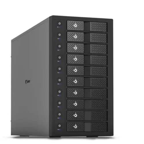 Produktbild: FANTEC 10fach USB3.2 Gen2 10G Festplatten Dockingstation für 10x SATA 3,5/2,5 Zoll SSDs und HDDs. Transferraten bis 10Gbit/sec, kein Werkzeug nötig, 2X USB Kabel. Metallgehäuse schwarz