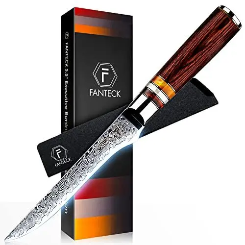 Produktbild: FANTECK Ausbeinmesser Damast, 14cm Fisch Filetiermesser Küchenmesser Profi Messer aus VG-10 67 Lagen Damaststahl Kochmesser Fischmesser mit Pakkaholz Griff (Geschenkverpackung)