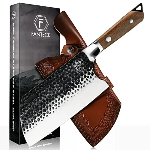Produktbild: FANTECK Handgemacht Geschmiedet Küchenmesser Hackmesser 20cm Chinesisches Kochmesser Forged Stahl Hackbeil Messer Serbisch Metzgermesser Scharfe Hack Messer mit Full Tang Holzriff und Lederscheide