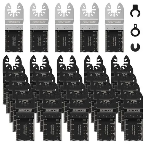 Produktbild: FANTICDE Multitool Sägeblätter 30 tlg, Multitool Zubehör Oszillierende Sägeblatt für Holz Kunststoff Metall, Multifunktionswerkzeug Zubehör für Fein Multimaster Bosch Milwaukee Ryobi Dremel