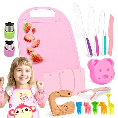 Produktbild: FANTICDE - Kindermesser 26 Teiliges,Kinderkochset Echtes Kinder Kochmesser mit Kinder Sicherheit Küchenmesser Set, Cream spatula,Montessori Messer,Sparschäler Kinder, Schneidebrett