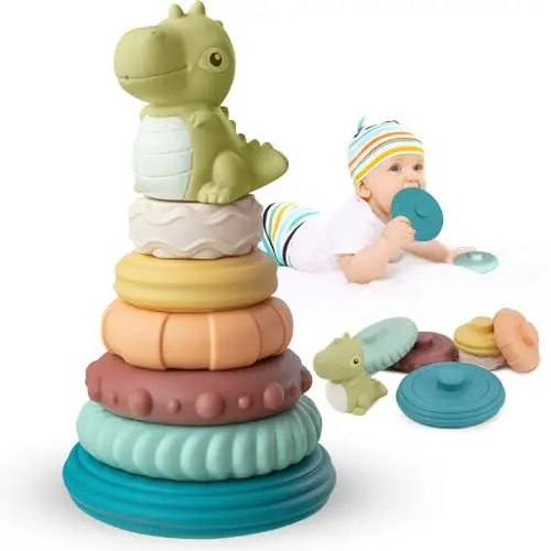 Produktbild: Fantocemea Baby Spielzeug 7 Stück Set, Montessori Early Learning Spielzeug, Grüner Kleiner Dinosaurier Stapelturm Baby, für 6 12 18 Monate Geschenk