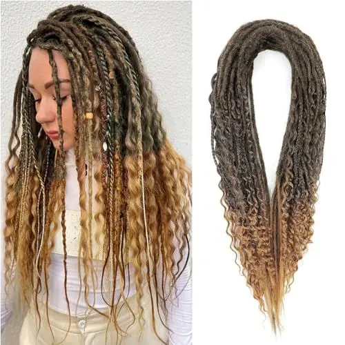Produktbild: FANWYFYU Double End Dreadlock Extensions Three in One Mixed 15Strands/Pack, 24 Zoll Synthetic DE Dreadlock Extensions (5 Boho Braids+5 Curly Enden+5 Gerade,1B/27)