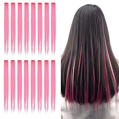 Produktbild: Farbiger Haarverlängerungs Clip,16 STÜCKE Farbige Haarverlängerungen Clip,55cm Hitzebeständig Bunte Haarteile Bunte Haarverlängerung Clips für Frauen Party Festival Dekoration