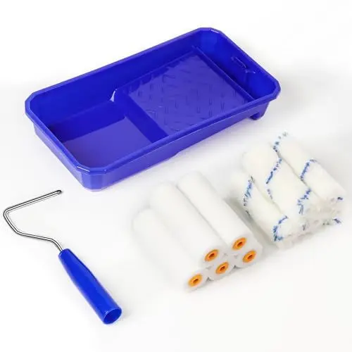 Produktbild: Farbroller Klein Set, 11 cm Gerade 5 x Polyacrylnitrilfaser Lackierwalze | 5xSchwamm Lackrolle, Farbwanne, Farbrollerständer, Stabil Malerrolle klein für Wandfarbe und leicht lösemittelhaltige Lacke