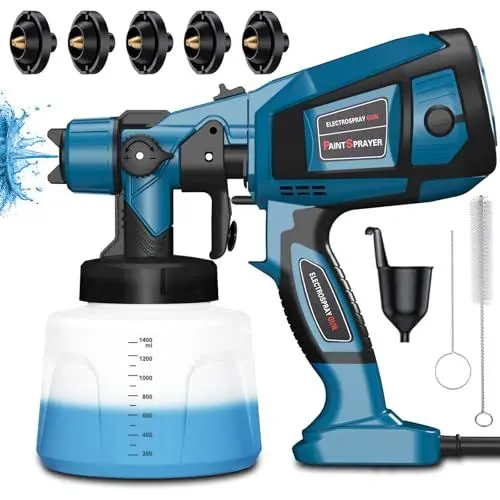 Produktbild: Farbsprühsystem, 800W Elektrisches Lackierpistole mit 1400ML Behälter, Zaun Farbspritzgerät mit 5 Düsen und 3 Muster Farbsprühgerät, HVLP Elektrische Spritzpistole für Gartenzaun, Wände, Möbel, Decke