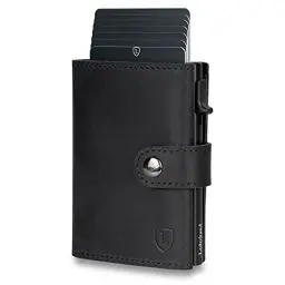 Produktbild: Fargo Wallet –Leder Geldbörse handgemacht für Herren und Damen Portemonnaie Aluminium Kartenhalter mit Münzfach und Scheinfach - Platz für 9 Karten mit RFID NFC Schutz Farbe | (Schwarz)