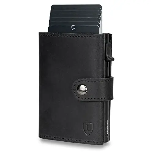 Produktbild: Fargo Wallet –Leder Geldbörse handgemacht für Herren und Damen Portemonnaie Aluminium Kartenhalter mit Münzfach und Scheinfach - Platz für 9 Karten mit RFID NFC Schutz Farbe | (Schwarz)