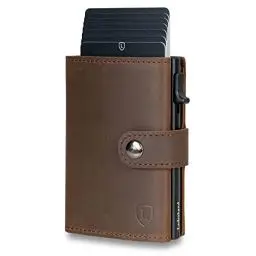 Produktbild: Fargo Wallet – Leder Geldbörse handgemacht für Herren und Damen Portemonnaie Aluminium Kartenhalter mit Münzfach und Scheinfach - Platz für 9 Karten mit RFID NFC Schutz Farbe | (Dunkelbraun)